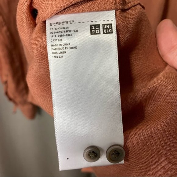 Uniqulo Rust Brown 100% Linen Button Up Shirt Women Sz S Boyfrien - Picture 8 of 10